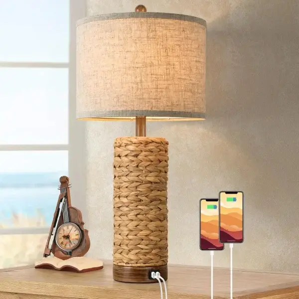 Rustic Farmhouse Style Rattan Table Lamp with USB Ports