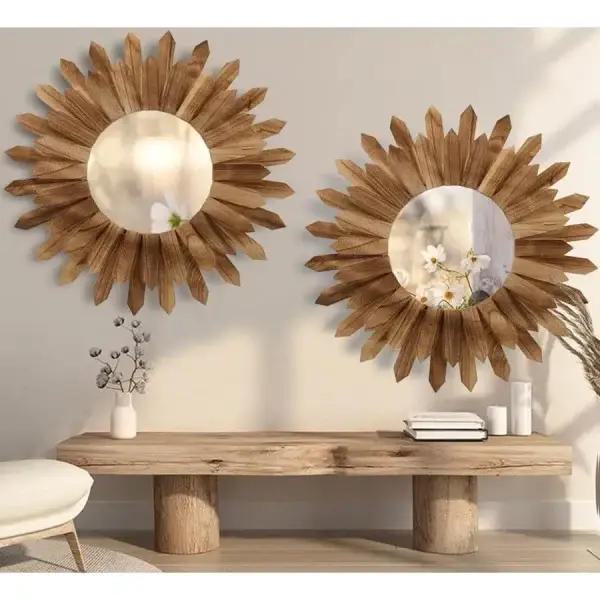 2 Pack 22 Inch Boho Round Wood Decorative Mirror