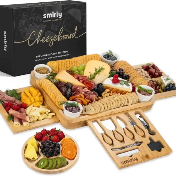 Large Bamboo Cheese Board Set with Knives and Bowls