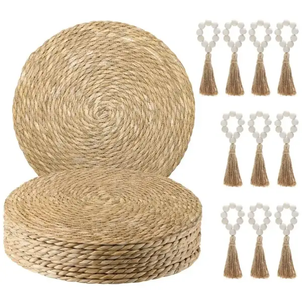 Round Woven Charger Plates, Set of 10 with Wooden Napkin Rings
