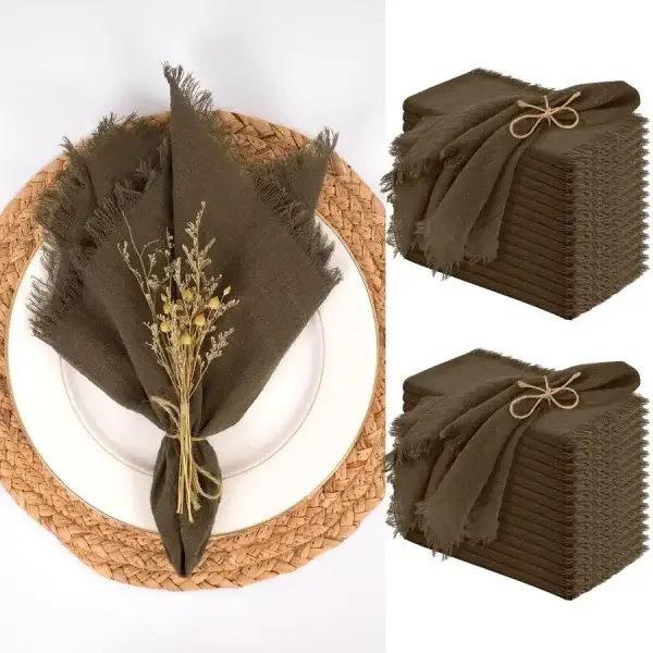 Brown Napkins 16"x16", Cotton Linen with Fringe