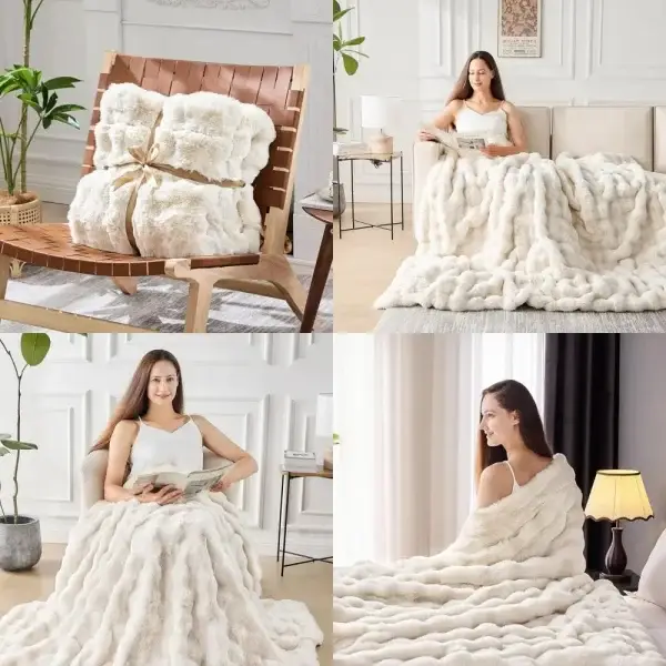 Luxury 1000GSM Cream Reversible Rabbit Fur-Like Throw Blanket