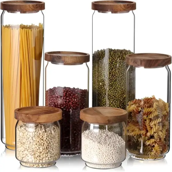 6 Piece Glass Pantry Storage Jars Set with Acacia Airtight Lids